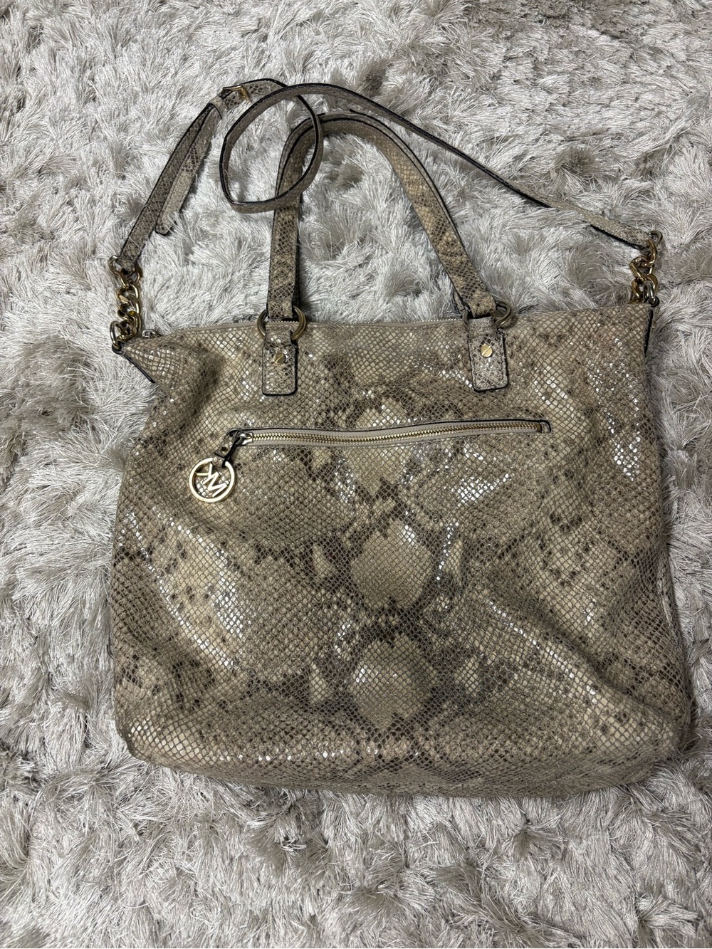 Michael Kors Beige Snake-Print Tote with Gold Hardware